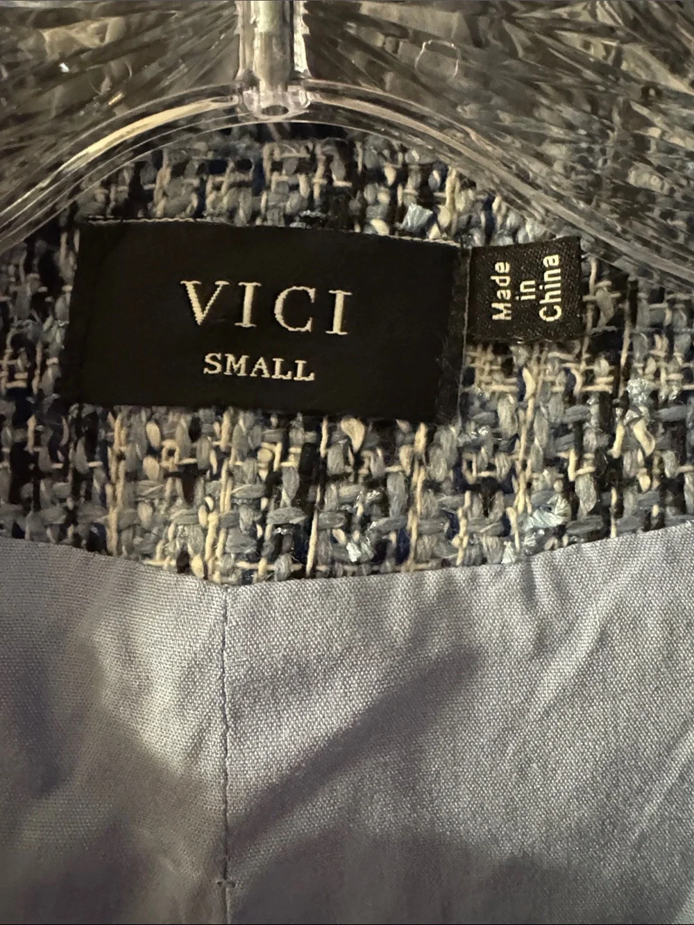 VICI Navy & White Tweed Cottagecore Frayed-Trim Cropped Blazer